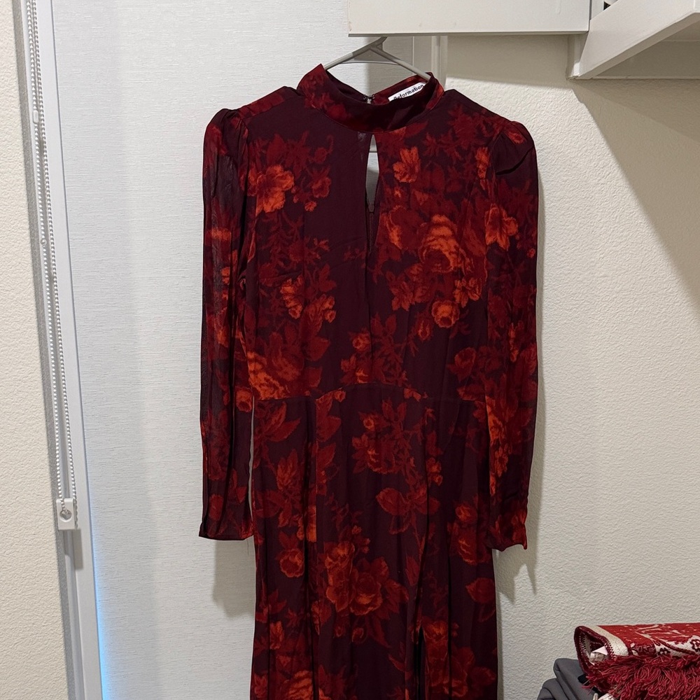 Reformation Long Sleeve Floral Dress in Rich Burgundy